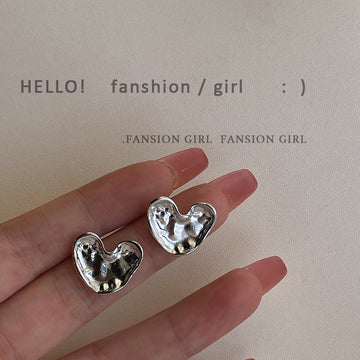 Silver Tone Liquid Metal Irregular Heart Stud Earrings