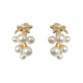 Gold Tone Pearl Grape Cluster Stud Earrings with Leaf Accent view 5