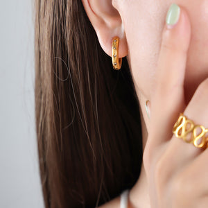 Gold Huggie Hoop Earrings Star Set Clear Stone Accents