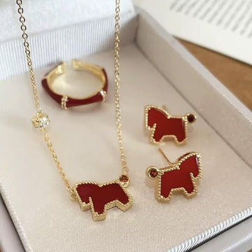 Red Enamel Pony Pendant Necklace Matching Open Ring
