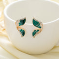 Gold Green Cream Enamel Twisted Leaf Stud Earrings view 4