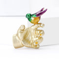 Gold Tone Hand and Colorful Bird Brooch with Pearl Accent view 2