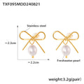 Gold Bow Pearl Stud Earrings And Knot Bar Pearl Necklace view 6