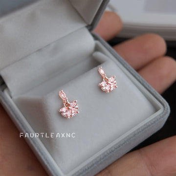Rose Gold Pink CZ Flower Drop Stud Earrings Marquise