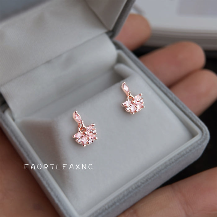 Rose Gold Pink Zircon Flower Drop Stud Earrings Pair