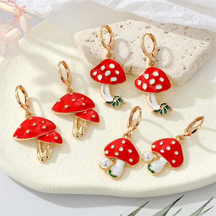 Gold Tone Red Enamel Mushroom Huggie Drop Earrings