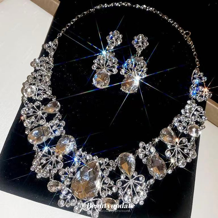 Silver Crystal Teardrop Oval Necklace Drop Earrings Set