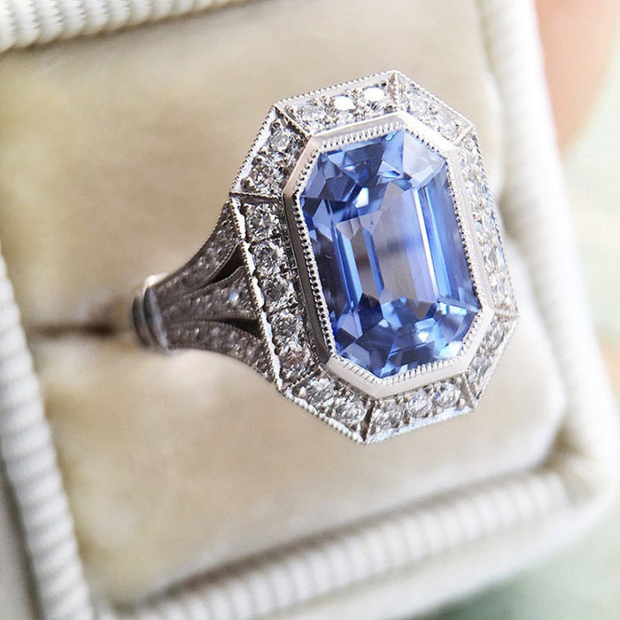 Aqua Rectangular Stone Art Deco Halo Ring In Silver Tone