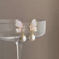 Blue Crystal Butterfly and Pearl Stud Earrings Fashion Jewelry view 3