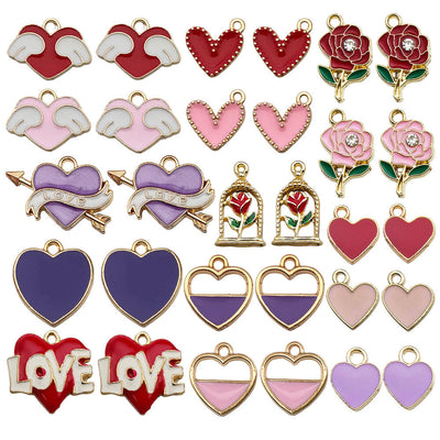 Colorful heart charms arranged on a light background