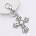Rhinestone Pearl Cross Keychain Gold Silver Metal Charm view 2