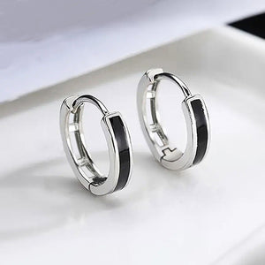 Black Inlay Minimal Huggie Hoop Earrings In Silver Tone