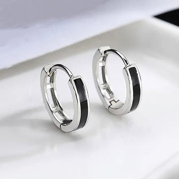 Black Inlay Minimal Huggie Hoop Earrings In Silver Tone