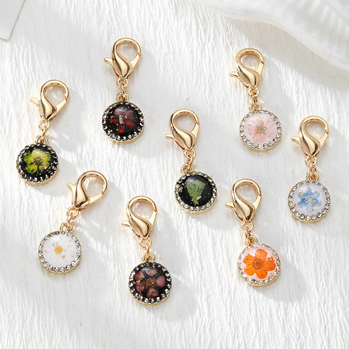 Gold Tone Rhinestone Round Pressed Flower Lobster-Clasp Charms in Nine Options