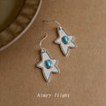 Antique Silver Star Turquoise Cabochon Hook Drop Earrings view 6