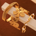 Open Cuff Bangles Flower Pearl Wave Triple Band Gold Steel view 4
