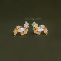 Gold Tone Pink Flower Green Leaf Floral Wreath Stud Earrings view 1