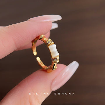 Gold Tone Bamboo Texture White Inlay And Clear Stone Open Ring