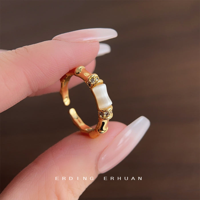 Gold Tone Bamboo Texture White Inlay And Clear Stone Open Ring