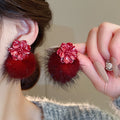 Flower Stud Earrings with Colorful Faux Fur Pom Poms view 4