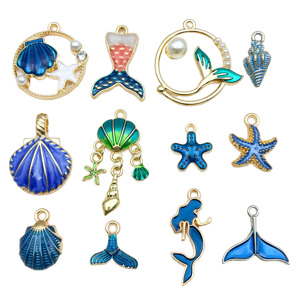 Blue Enamel Zinc Alloy Mermaid Shell Starfish Conch Charm Pendant for DIY Ocean Jewelry