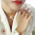 Letter M Mesh Choker Bracelet Gold Pearl Drop Style view 3