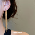 Gold Long Chain Tassel Earrings with Textured Bar Tops view 3