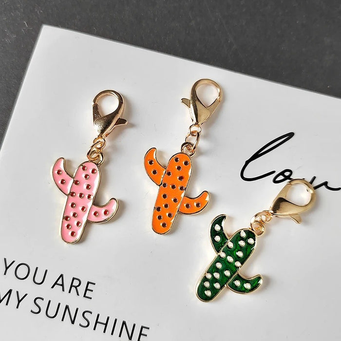 Enamel Cactus Keychain Charms Gold Lobster Clasp 3 Colors