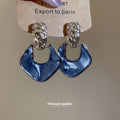 Ink Blue Fan Drop Earrings with Crystal Set Gold Tone Studs view 3