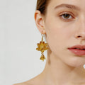 Gold Tone Double Lotus Flower Drop Earrings with Stainless Hooks view 2