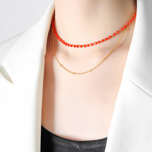 Gold Double Layer Necklace with Red or Black Glass Beads