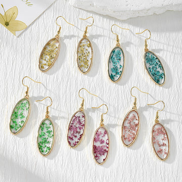 Oval Gold Dense Dried Flower Resin Earrings Five Colors