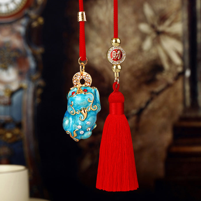 Jeweled Pixiu Car Hangers in Six Colors plus One Plain Red Fortune Tassel