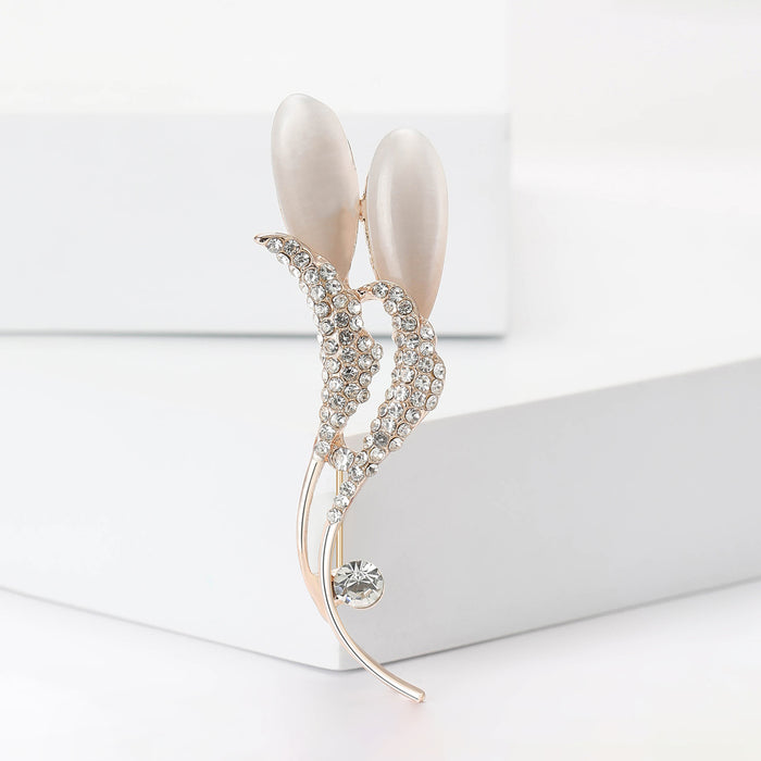 Rose Gold Tone Twin Bud Brooch With Clear Crystal Curves