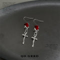 Silver Fishhook Earrings Red Rose Bloom Metal Stem Drop view 4