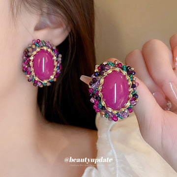 Pink Oval Crystal Vintage Style Stud Earrings with Polished Metal Accents