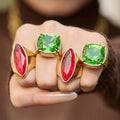 Gold Tone Marquise Red and Cushion Green Glass Stone Rings view 3