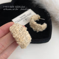 Cream Yarn Knit Wide C Hoop Stud Earrings Pair Style view 3