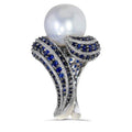 Silver Tone Large Pearl Blue Pave Swirl Statement Ring view 2