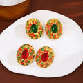 Patterned Oval Green and Red Center Statement Stud Earrings view 1
