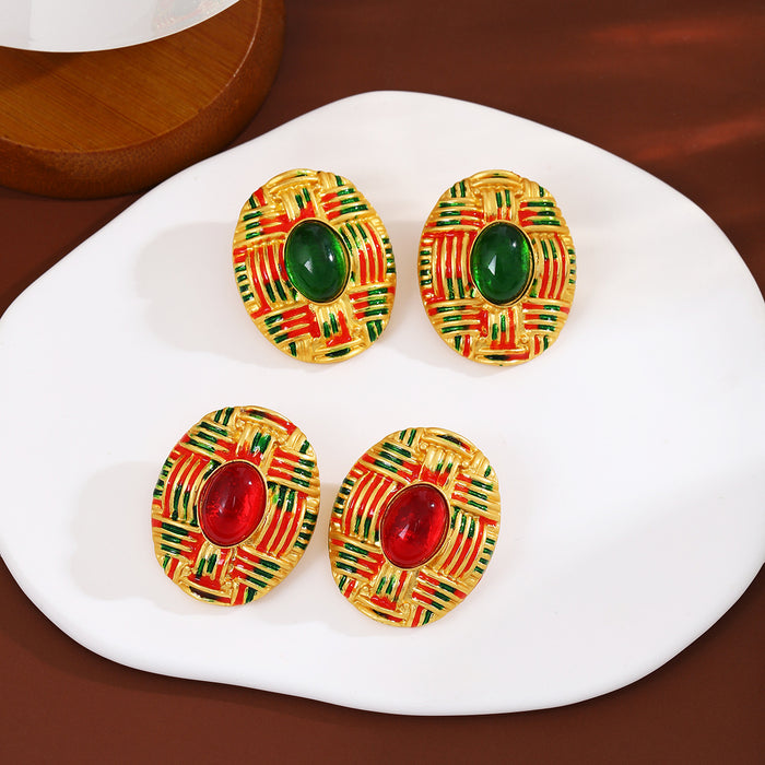 Patterned Oval Green and Red Center Statement Stud Earrings
