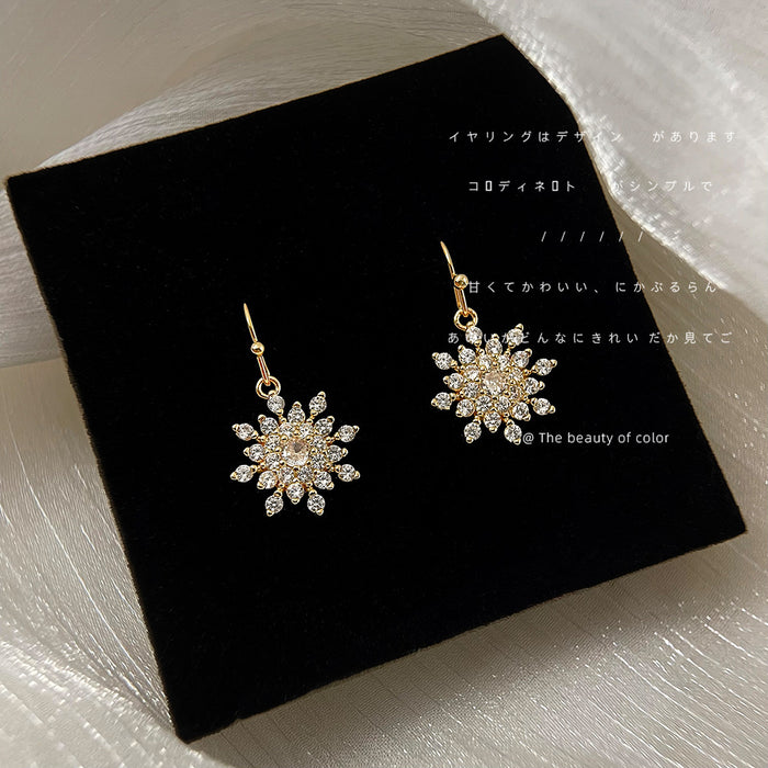 Clear CZ Snowflake Drop Earrings Gold Tone Fishhook Wires