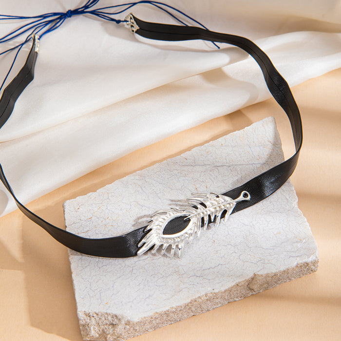 Black Ribbon Silver Feather Tribal Forehead Headband