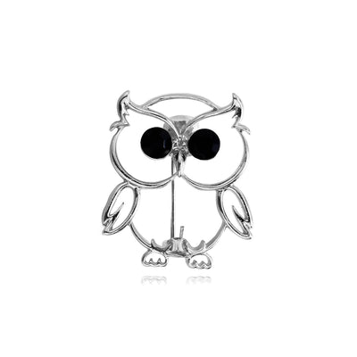 Front product view of the owl brooch pin in silver and black
