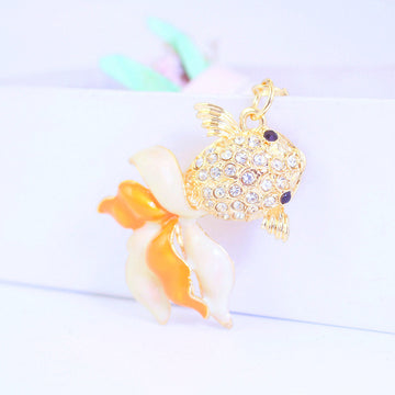 Orange and White Goldfish Keychain with Clear Stones and Gold Tone Metal