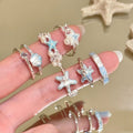 Silver Ocean Starfish Shell Open Rings Blue Crystal Set view 1