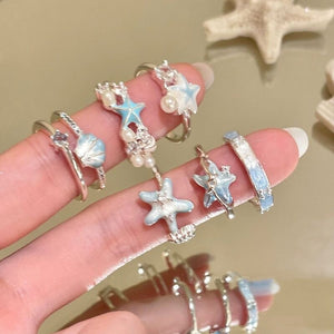 Silver Tone Open Rings with Shell, Starfish, Pearl and Crystal, Four Styles