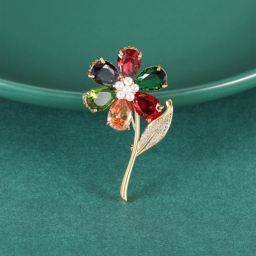 Faceted Petal Flower Brooch with Curved Crystal Stem grouped product view