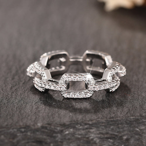 Product view showing clear-stone chain-link band ring