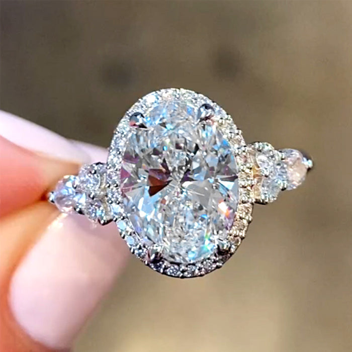 Silver Oval Halo Clear CZ Side Cluster Accent Ring